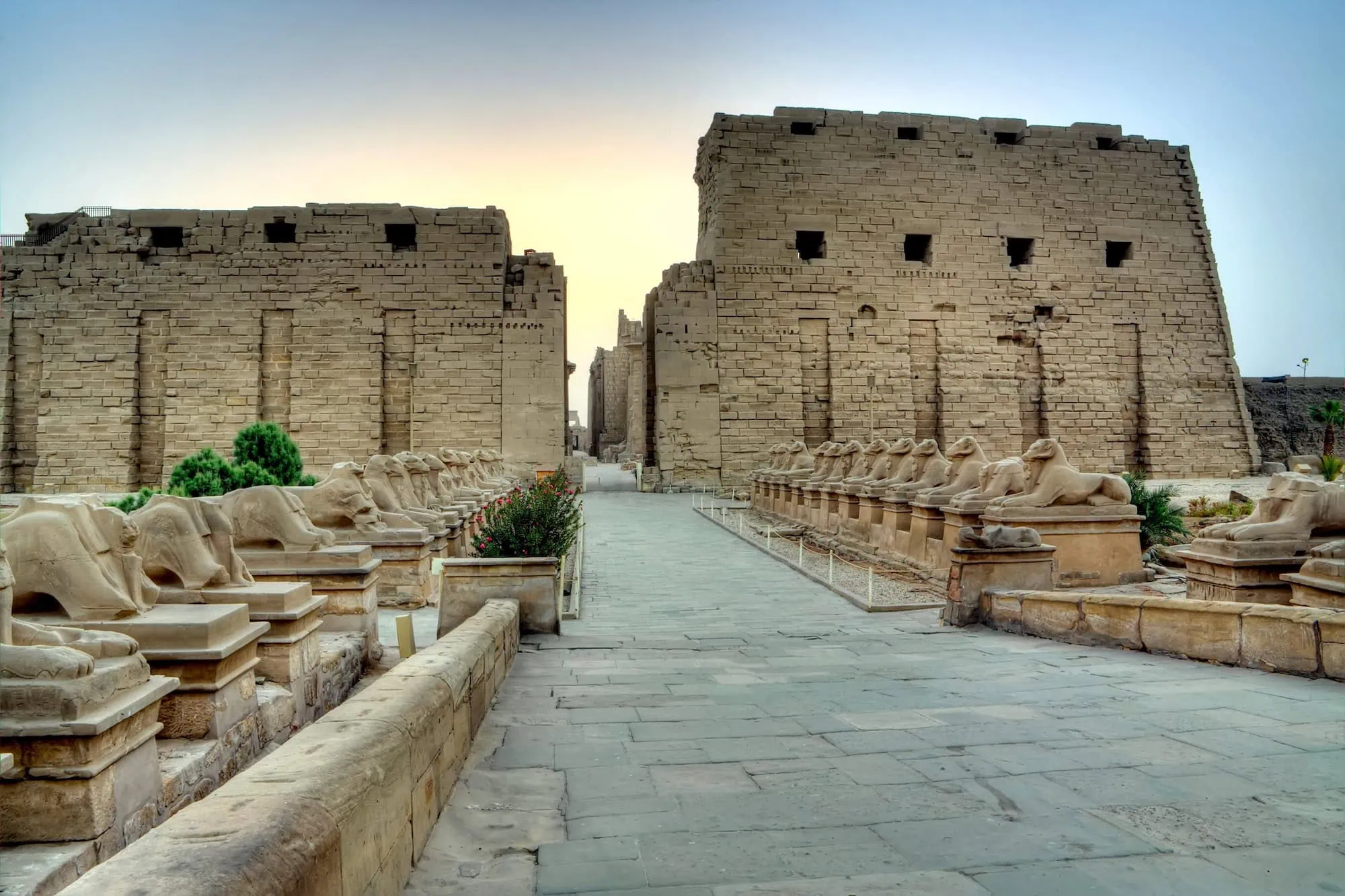 Avenue of ram-headed sphinxes at Karnak Temple complex during golden hour