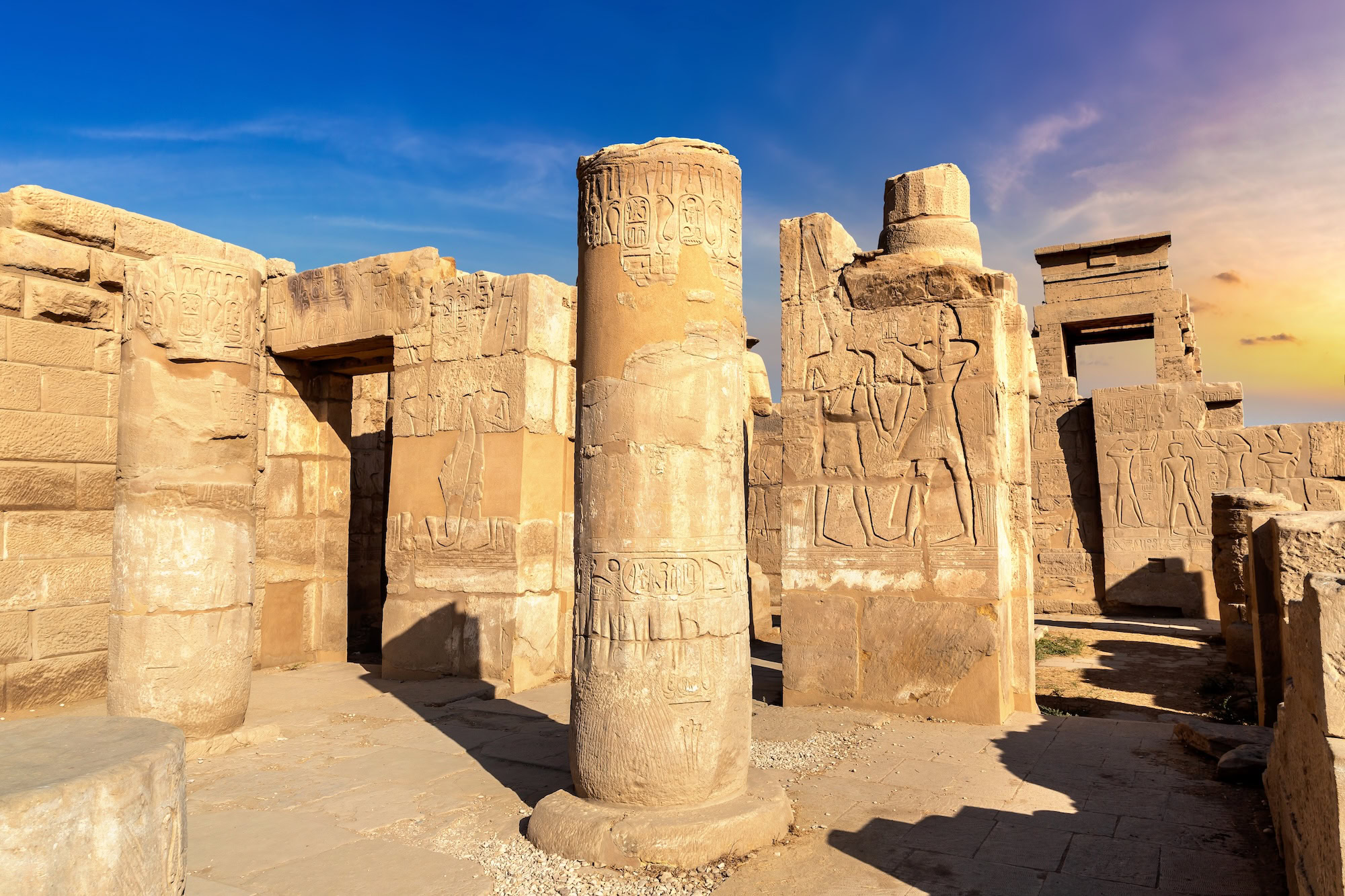 Ancient columns and hieroglyphic carvings at Kom Ombo Temple in Egypt