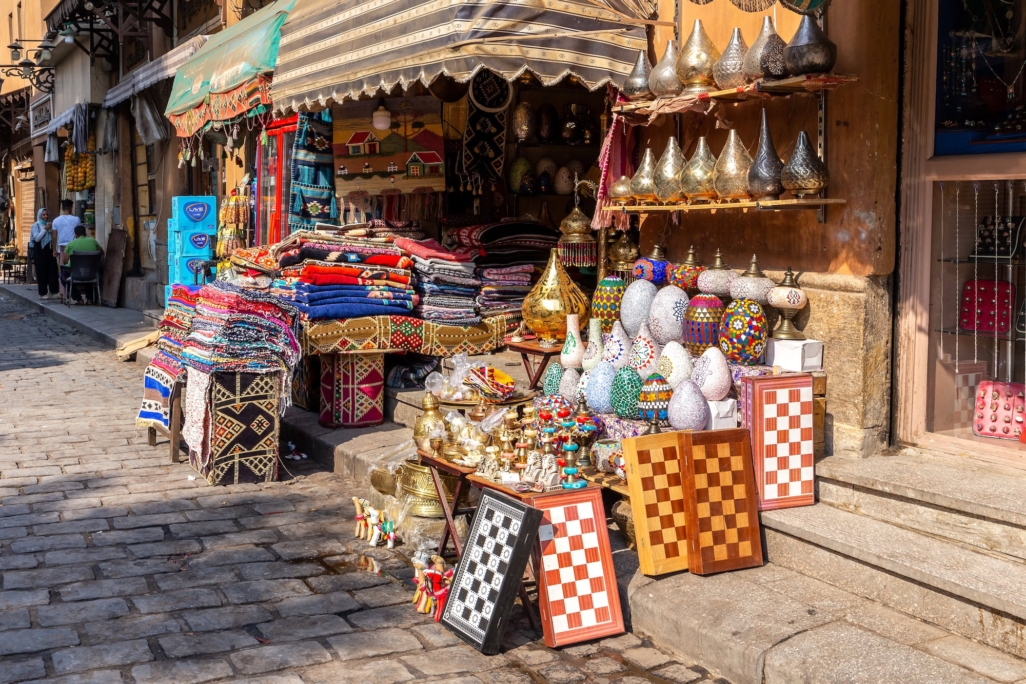 Traditional Egyptian handicrafts and souvenirs displayed at Khan el-Khalili market stall