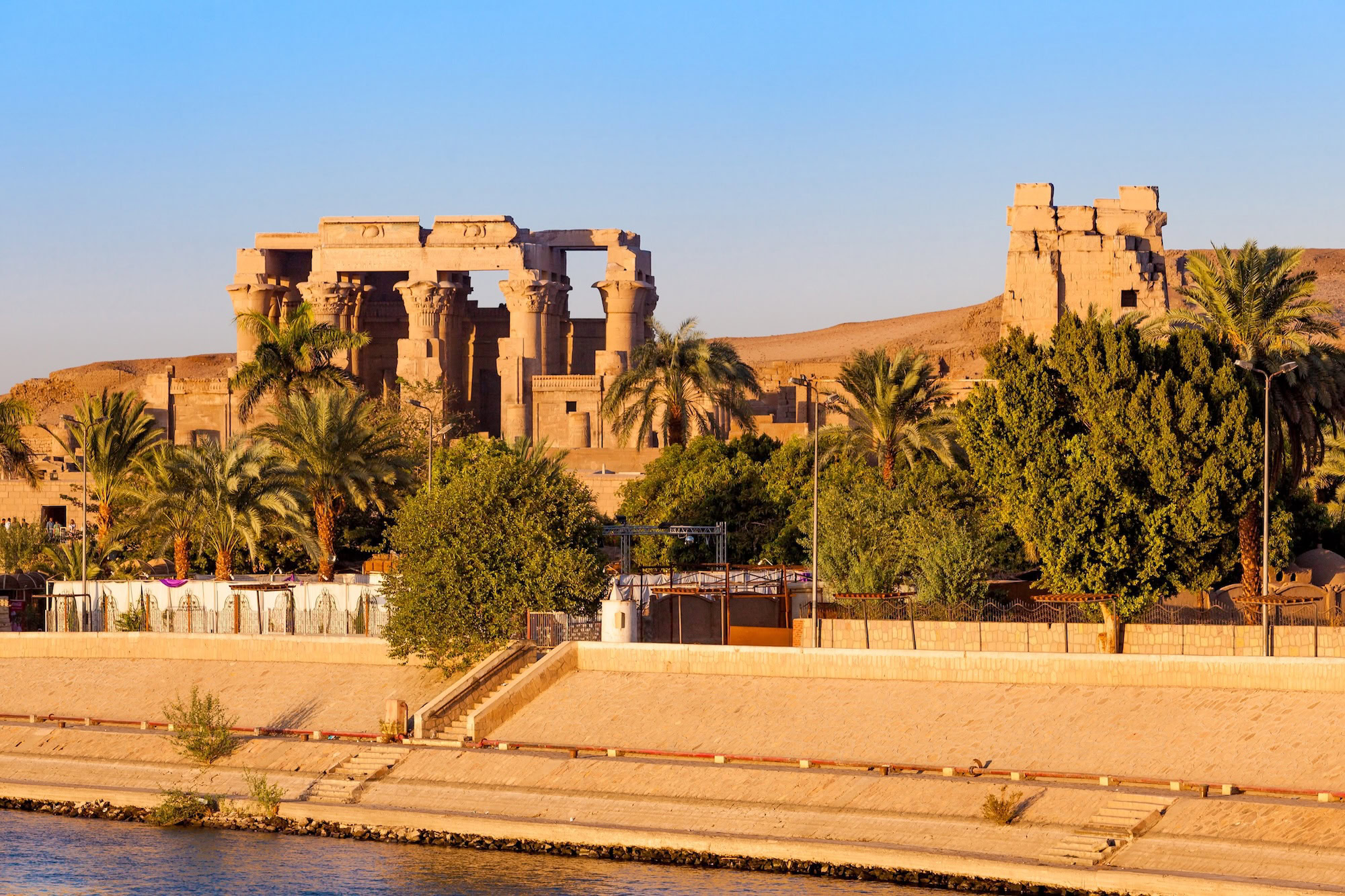 Temple of Kom Ombo ancient ruins with columns overlooking the Nile River