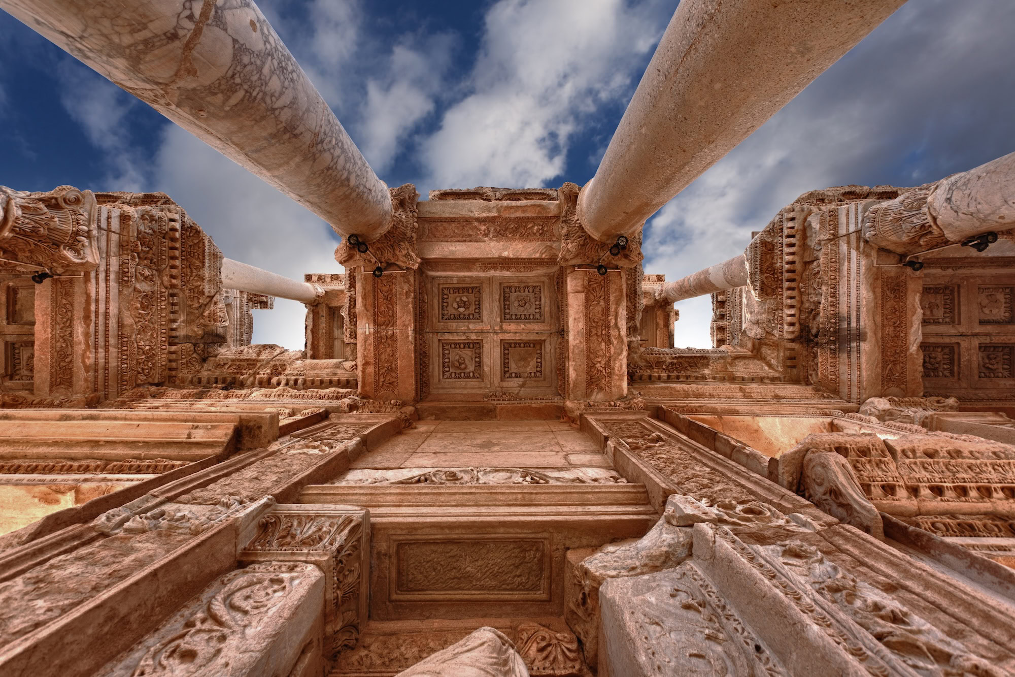 Ancient Library of Celsus ruins in Ephesus showing ornate columns and architectural details
