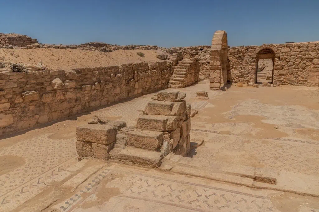 Lions Church ruins with stone arches and mosaic remains at Umm ar-Rasas, Madaba
