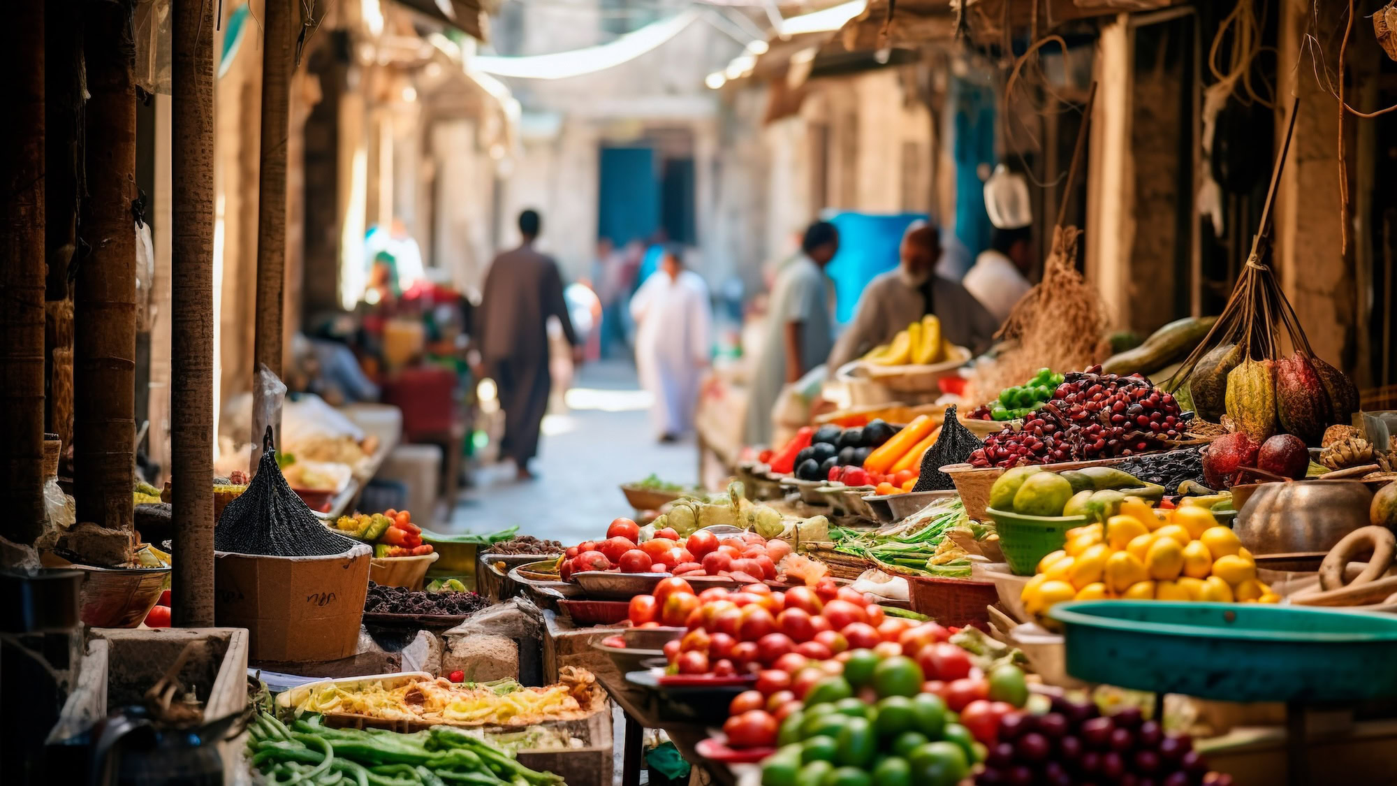 Vibrant Moroccan souk marketplace with fresh produce and traditional architecture