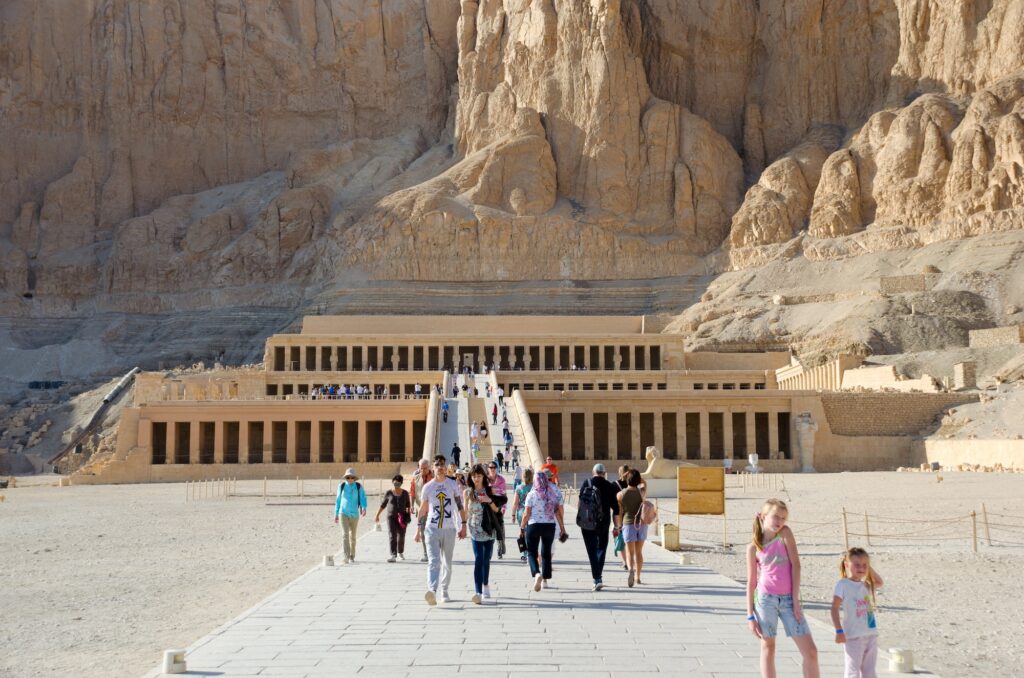 Hatshepsut’s Temple, renowned for its terraced architecture seamlessly carved into towering limestone cliffs
