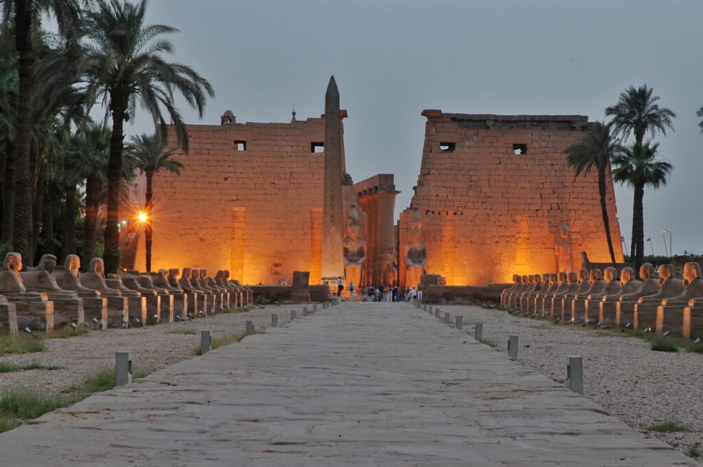 Luxor temple and the avenue of the sphinxes at dusk