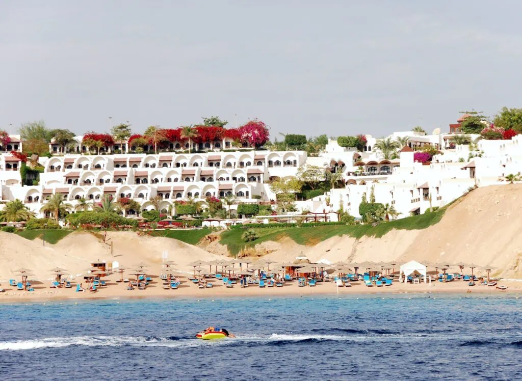 Luxury hotel complex along the beachfront of Naama Bay viewed from the Red Sea, Sharm El Sheikh