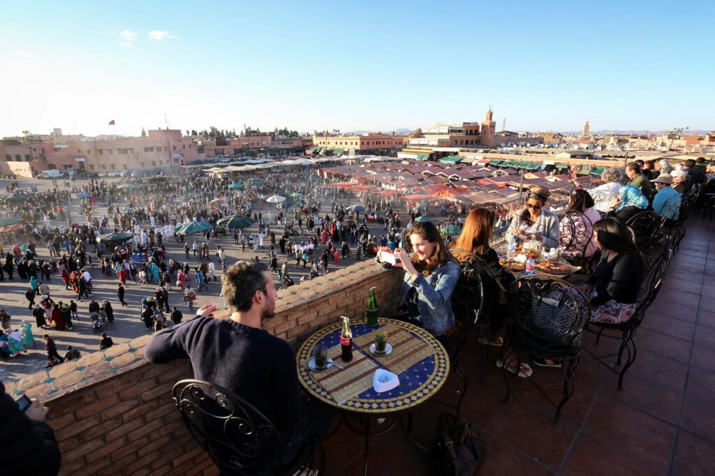 MARRAKECH MOROCCO 6 March 2016 coffee break at sunset over Jemaa el Fna Square
