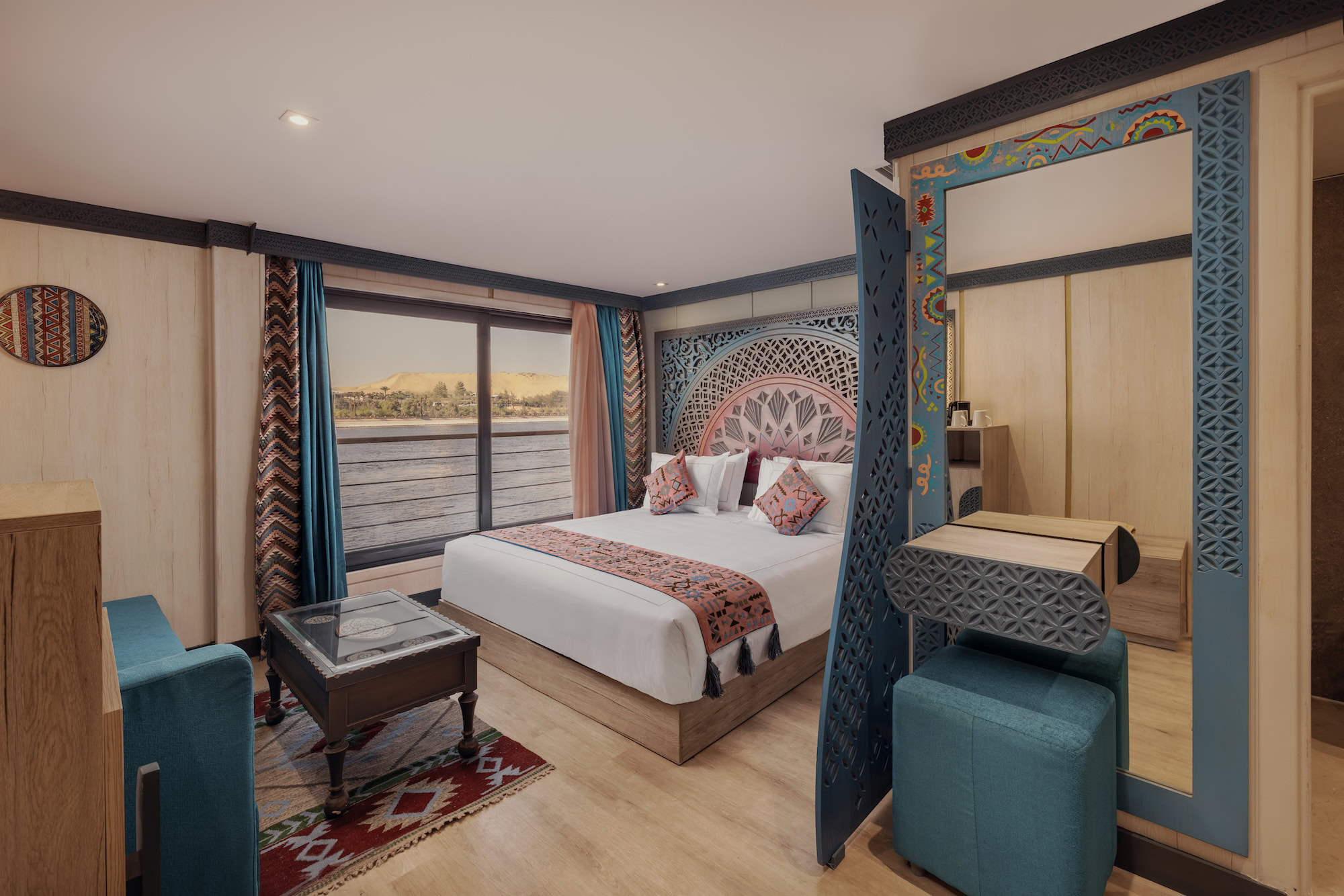 Comfortable cabin on DWA Nile Cruise with warm lighting