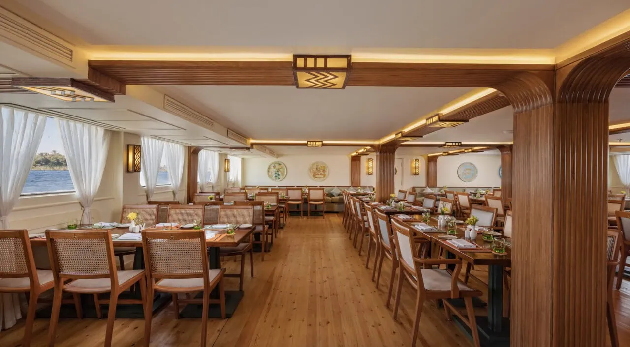 Elegant restaurant on DWA Nile Cruise with river view