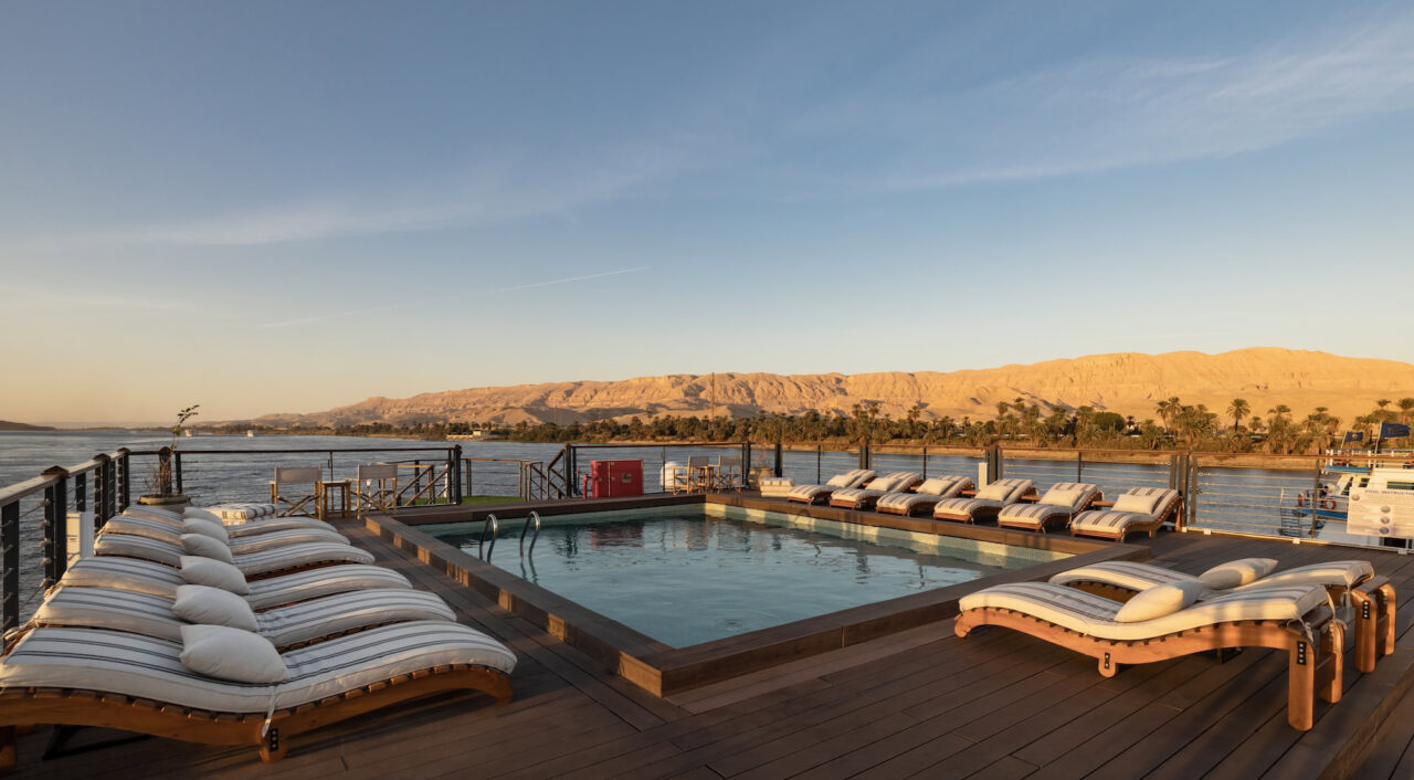 Outdoor pool on DWA Nile Cruise sun deck with loungers