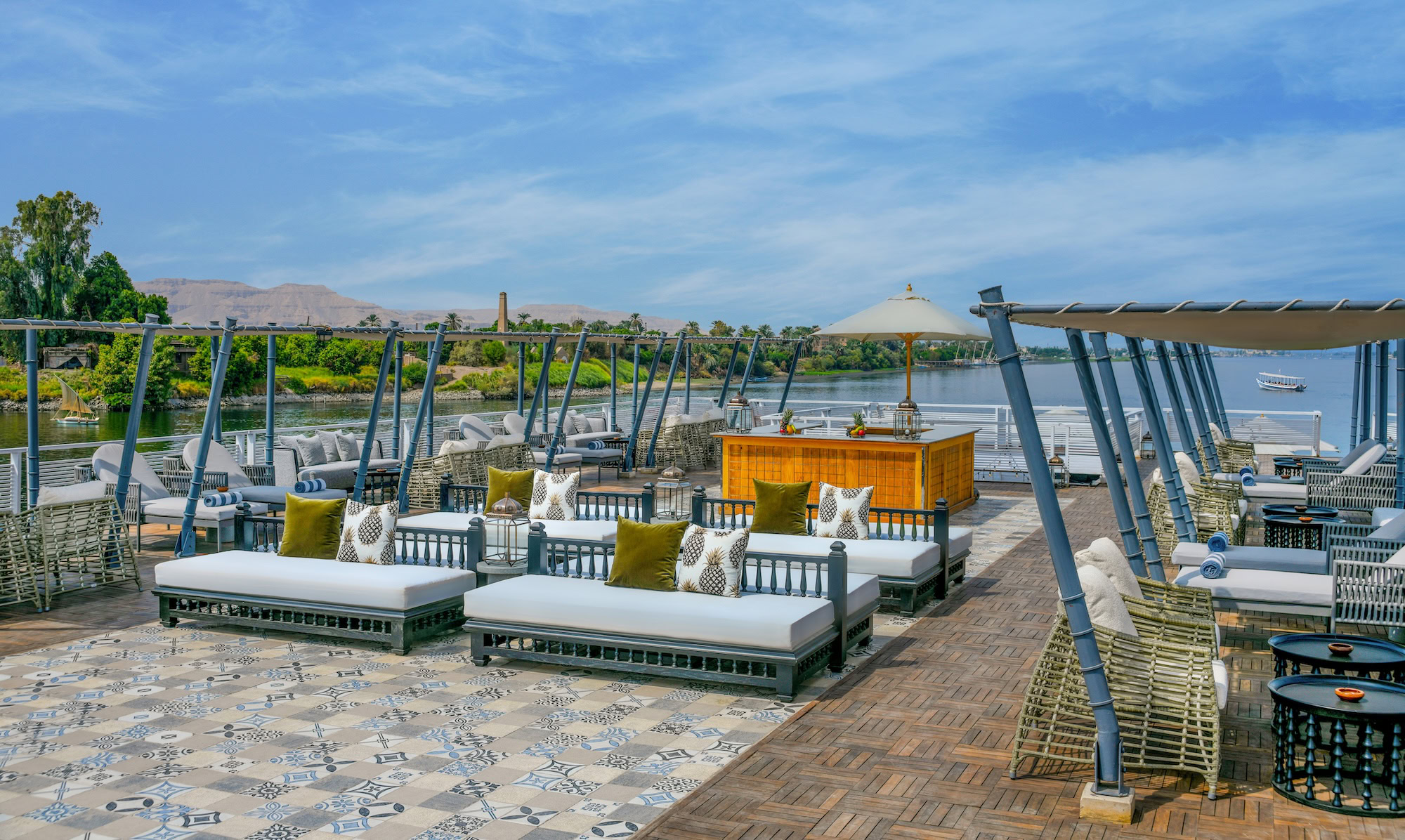 Sun deck on Mövenpick MS Darakum with loungers and umbrellas