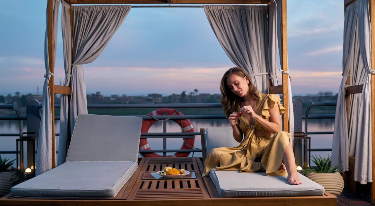 Mulher relaxando no deck do cruzeiro pelo Nilo MS Esplanade