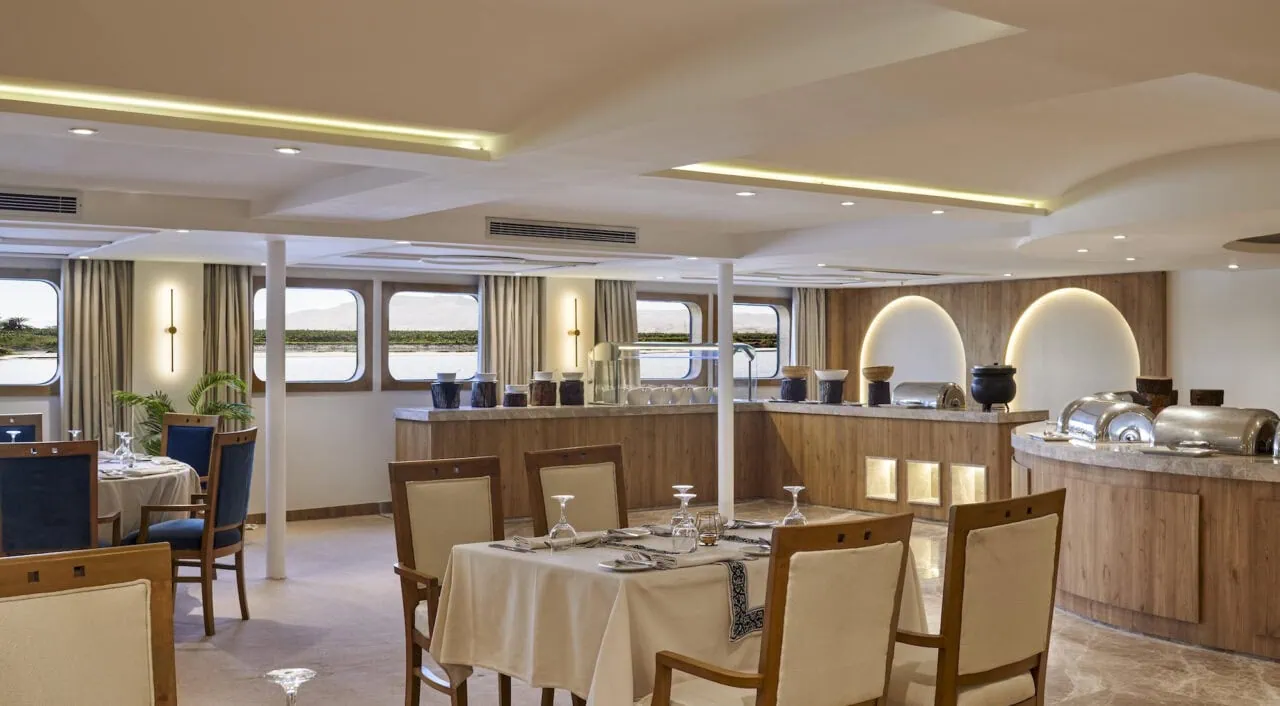 Fine dining restaurant on Mövenpick MS Royal Lotus overlooking the Nile