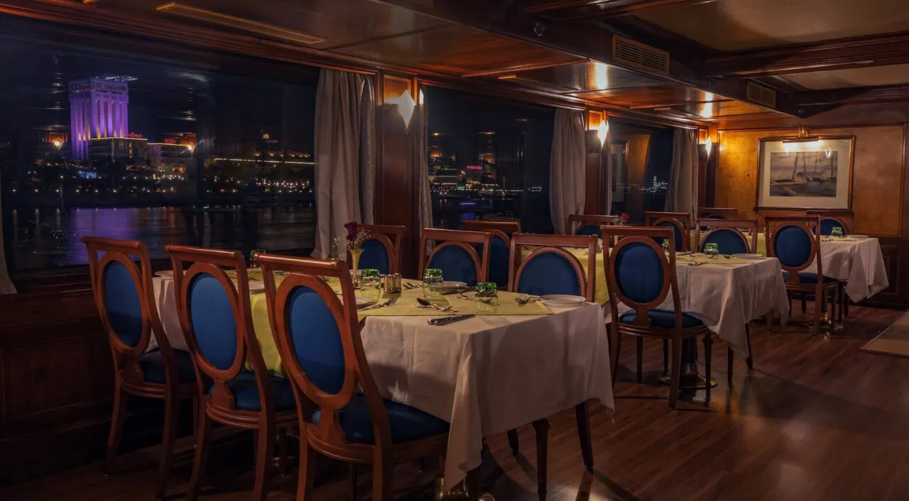 Elegant restaurant on MS Salacia with Nile view