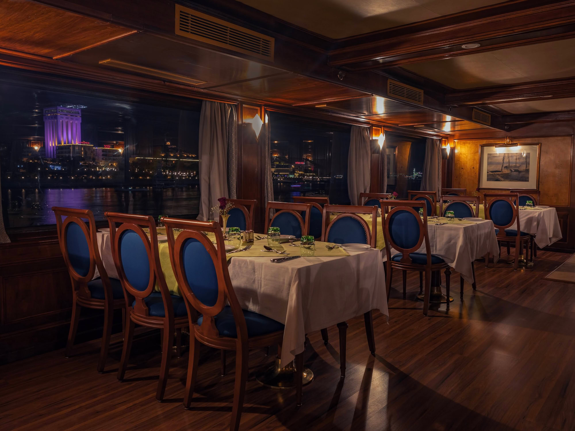 Elegant restaurant on MS Salacia with Nile view