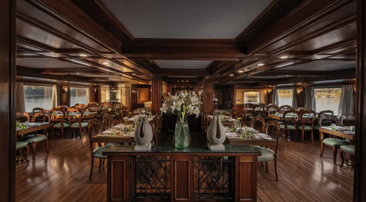Elegant restaurant on MS Salacia with Nile view