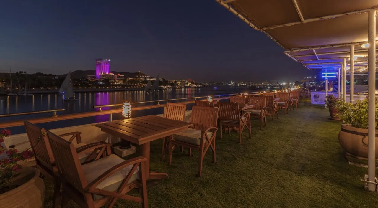 MS Salacia deck illuminated at night with soft lighting