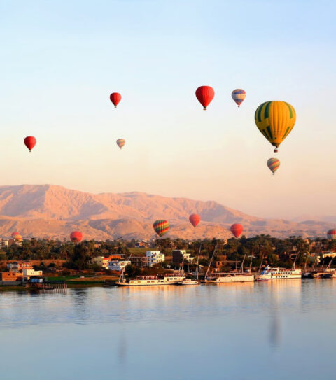 Many Hot air balloons floating over the Nile River in Luxor at sunrise 480x543 crop 91 58