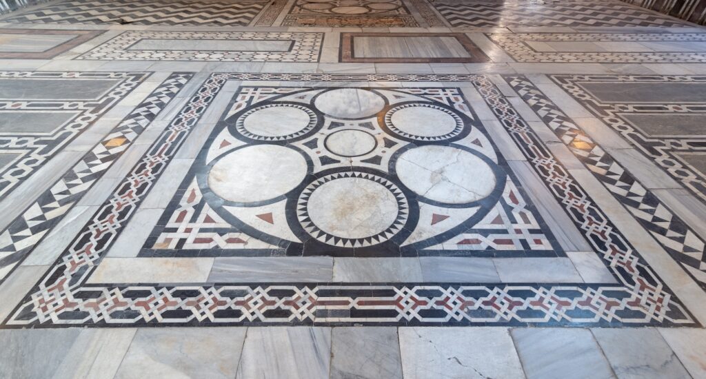 Geometrically patterned marble floor inside the Sultan al-Ghuri Mausoleum main hall, Sultan al-Ghuri Mausoleum, Cairo