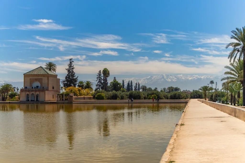 Saadian Pavilion, Menara Gardens, and the Atlas Mountains, Marrakech, Morocco