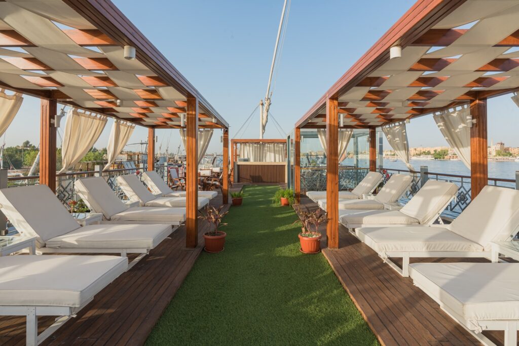Open sun deck on Merit Dahabiya overlooking the Nile