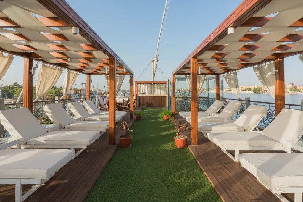 Open sun deck on Merit Dahabiya overlooking the Nile