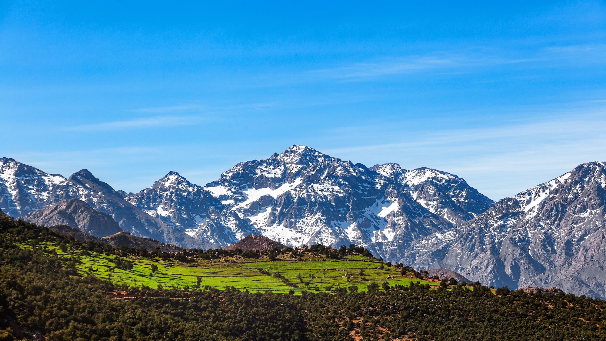 Snow-capped High Atlas Mountains rising above green terraced fields in Morocco