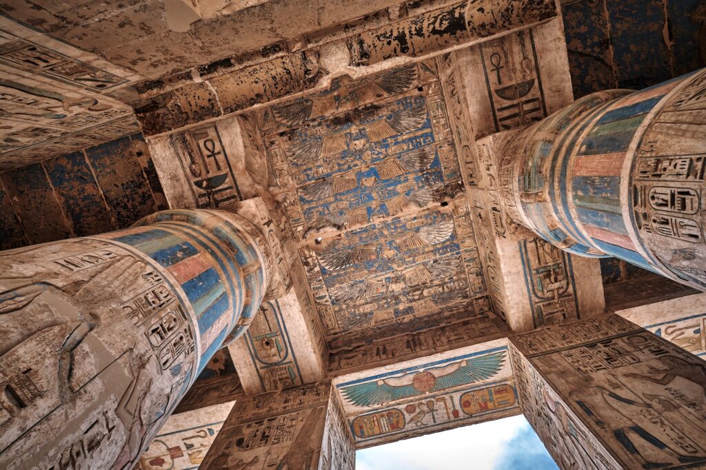 Ceiling decoration with preserved colors in the peristyle hall of the Mortuary Temple of Ramesses III at Medinet Habu, Luxor