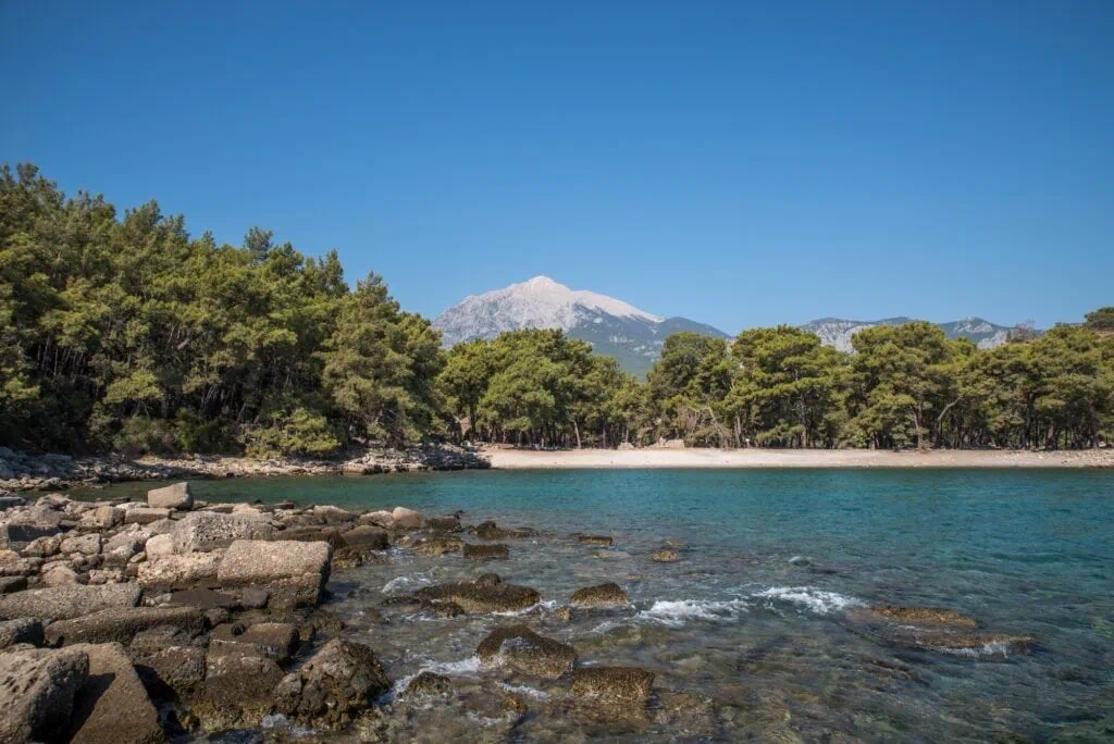 Mount Olympos Tahtali above the sea lagoon of the Mediterranean Sea