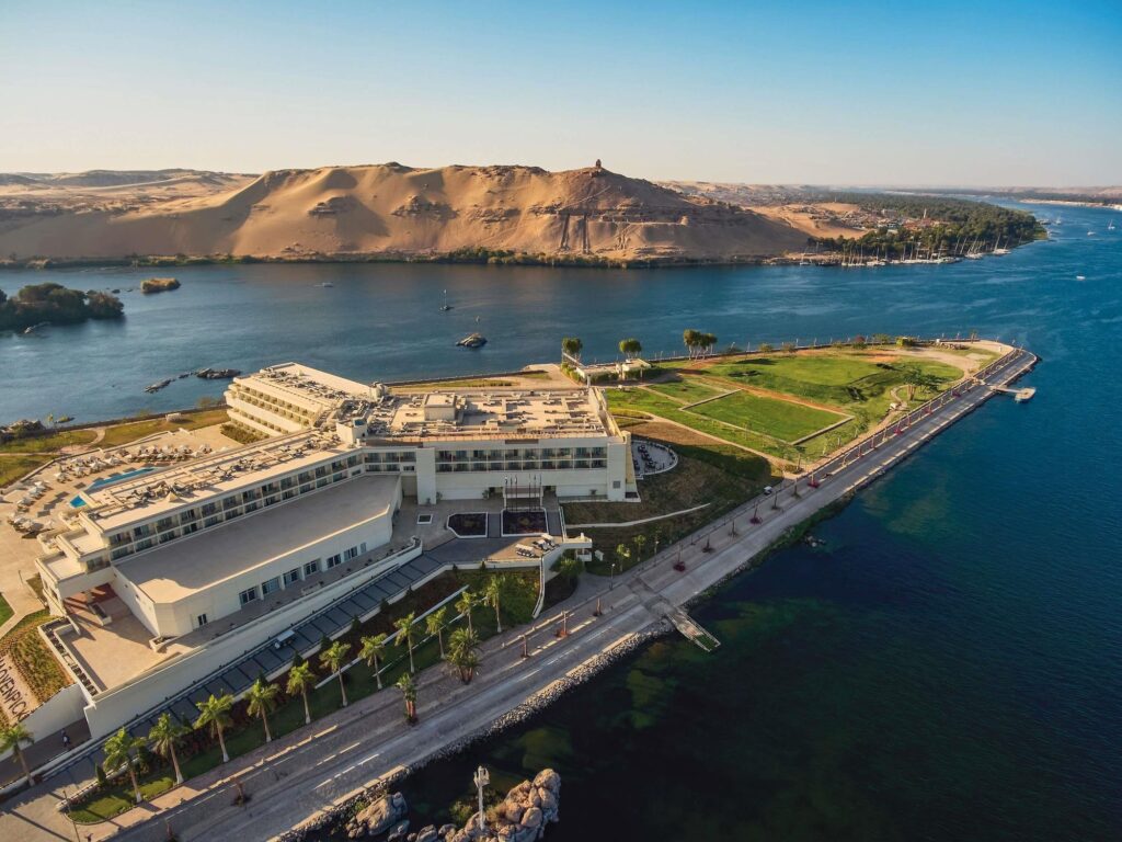 Mövenpick Resort Aswan buildings and pools on Elephantine Island along the Nile River, Aswan
