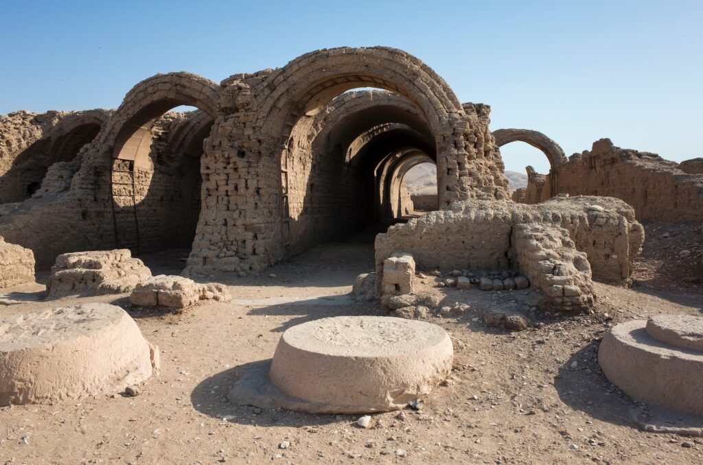 Mud-brick storage chambers with long arched tunnel corridors and grain rooms within the Ramesseum complex, Luxor