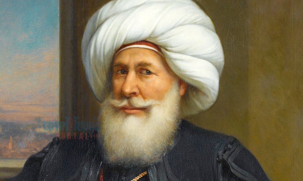 Portrait of Muhammad Ali Pasha wearing a white turban and traditional attire, Muhammad Ali Mosque, Cairo
