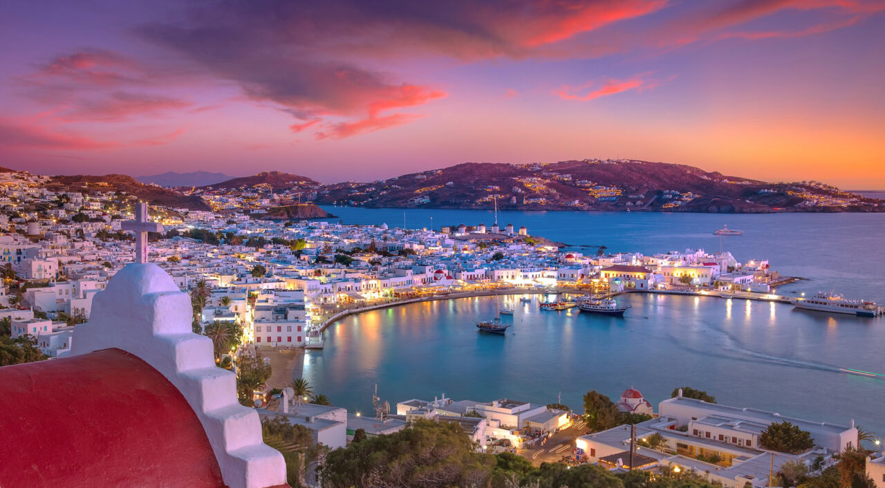 Mykonos Port With Boats And Windmills At Evening Cyclades Islands