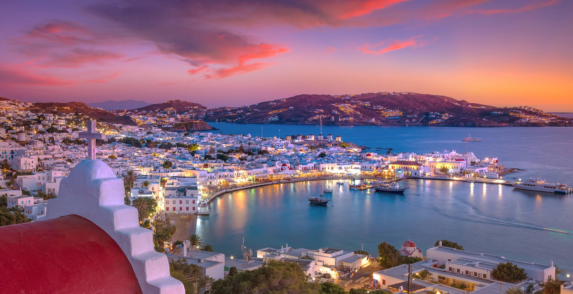 Mykonos port with boats and windmills at evening Cyclades islands Greece 1905x976 crop 46 50