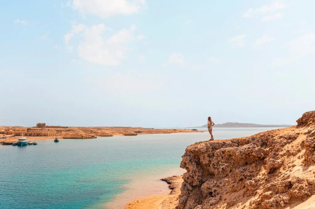 Sea view of sandy beach, desert landscape, and clear waters at Ras Mohammed National Park, Sharm El Sheikh