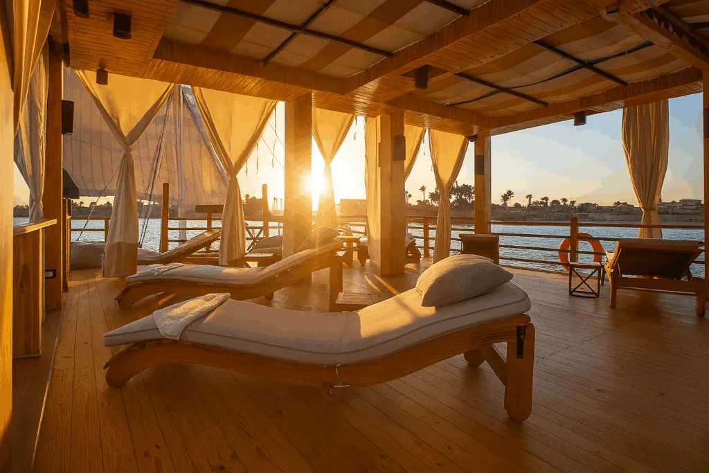 Open upper deck on Nebyt Dahabiya with shaded lounge chairs