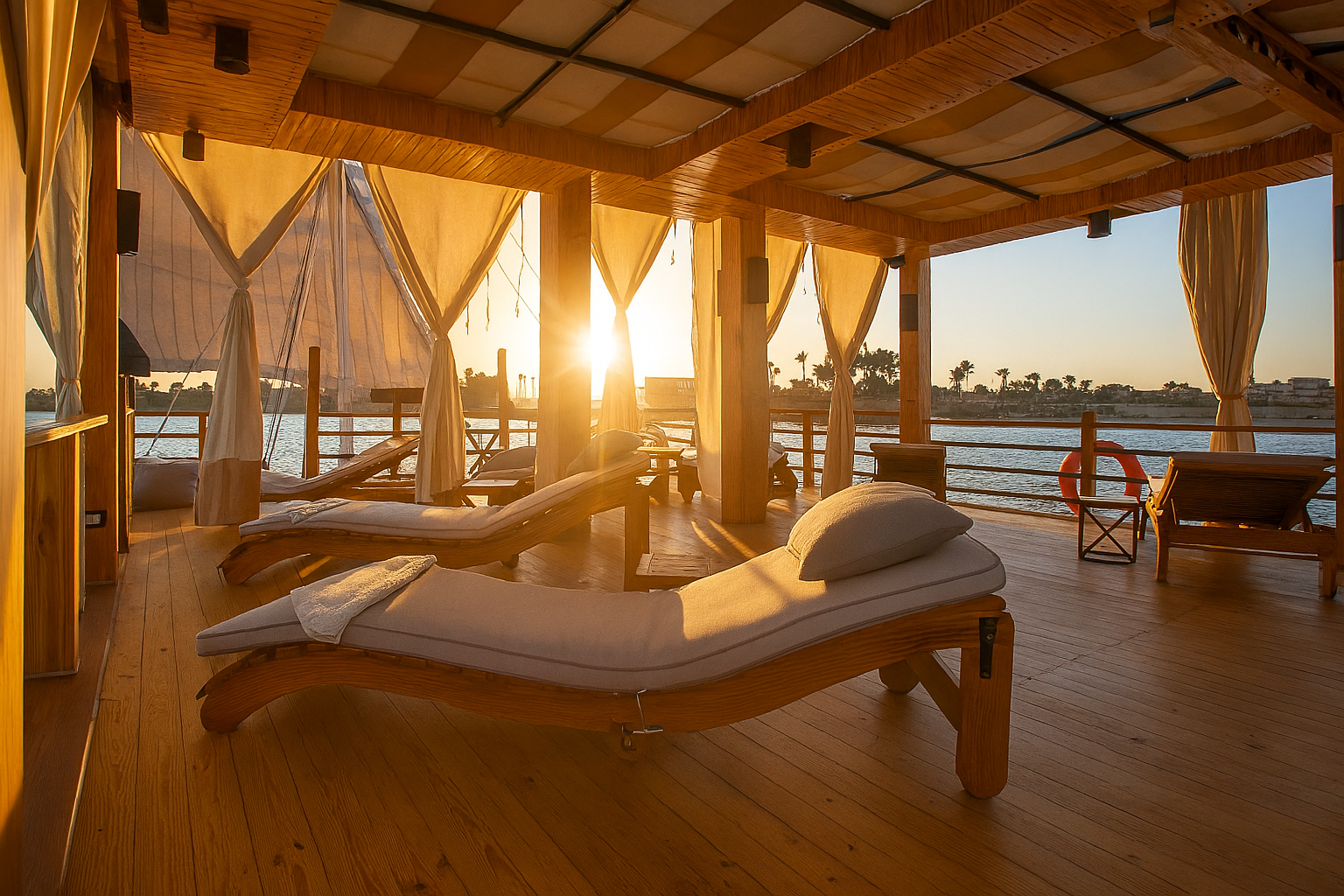 Open upper deck on Nebyt Dahabiya with shaded lounge chairs
