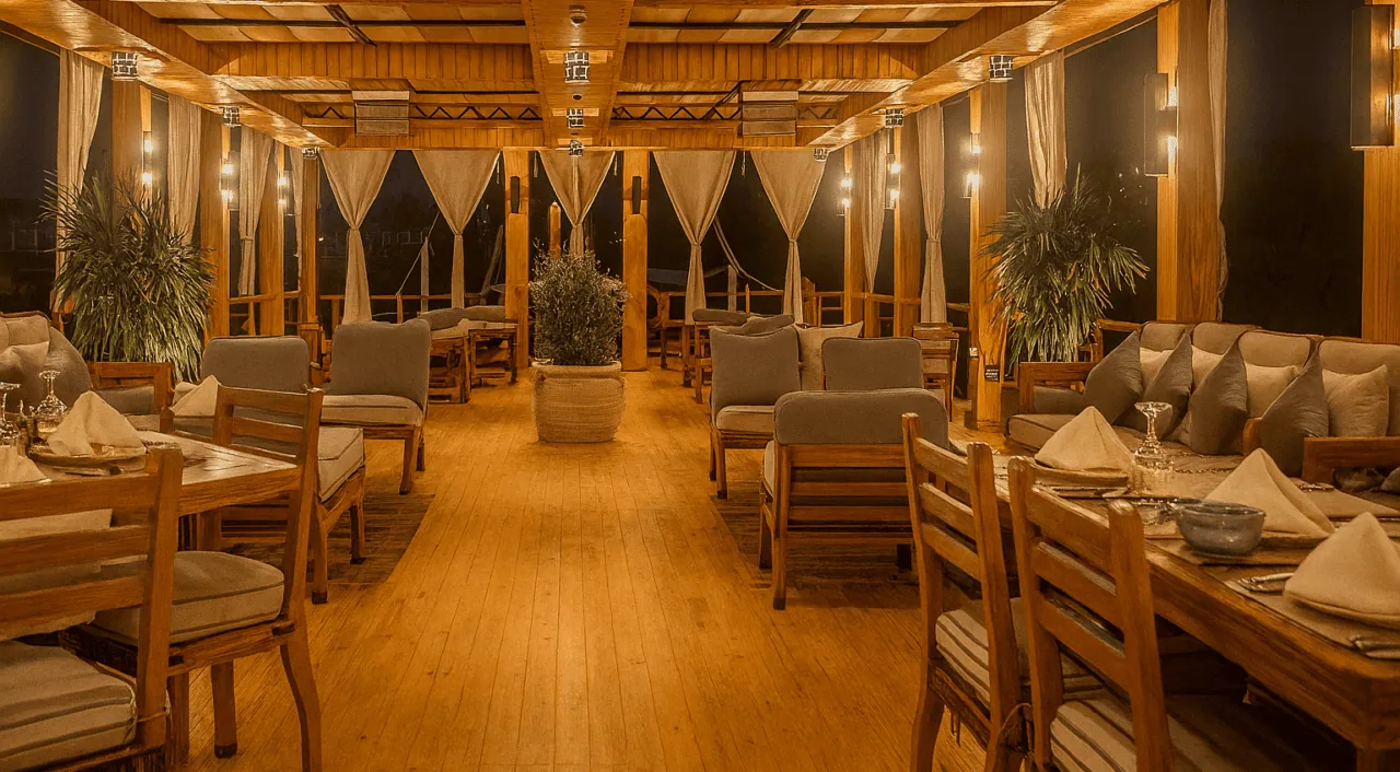 Evening view of Nebyt Dahabiya with warm lights