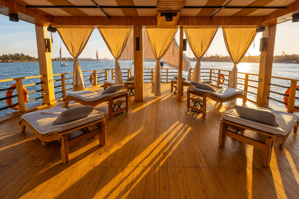 Nebyt Dahabiya Nile Cruise wooden deck with arranged sunbeds and shaded seating area overlooking the Nile, Luxor