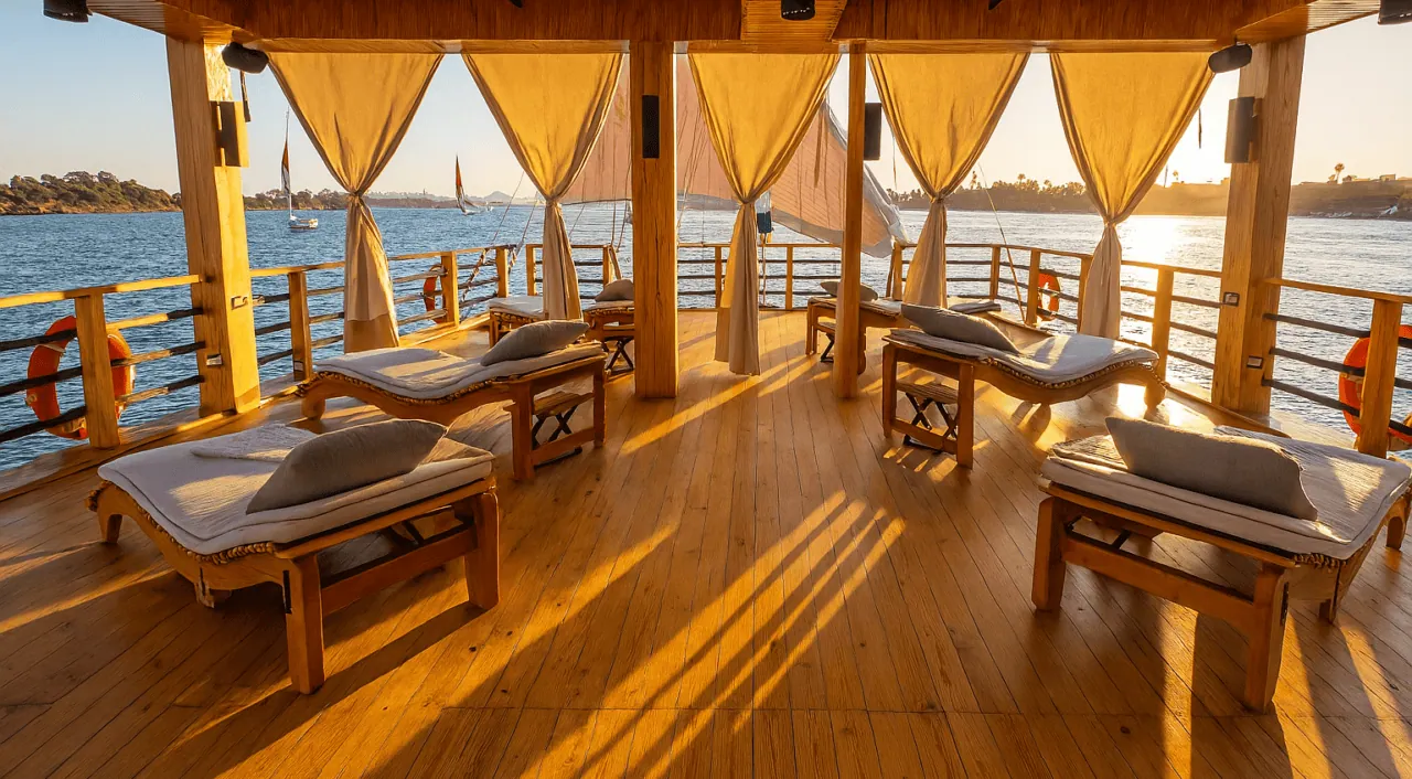 Wooden deck with sunbeds on Nebyt Dahabiya Nile Cruise
