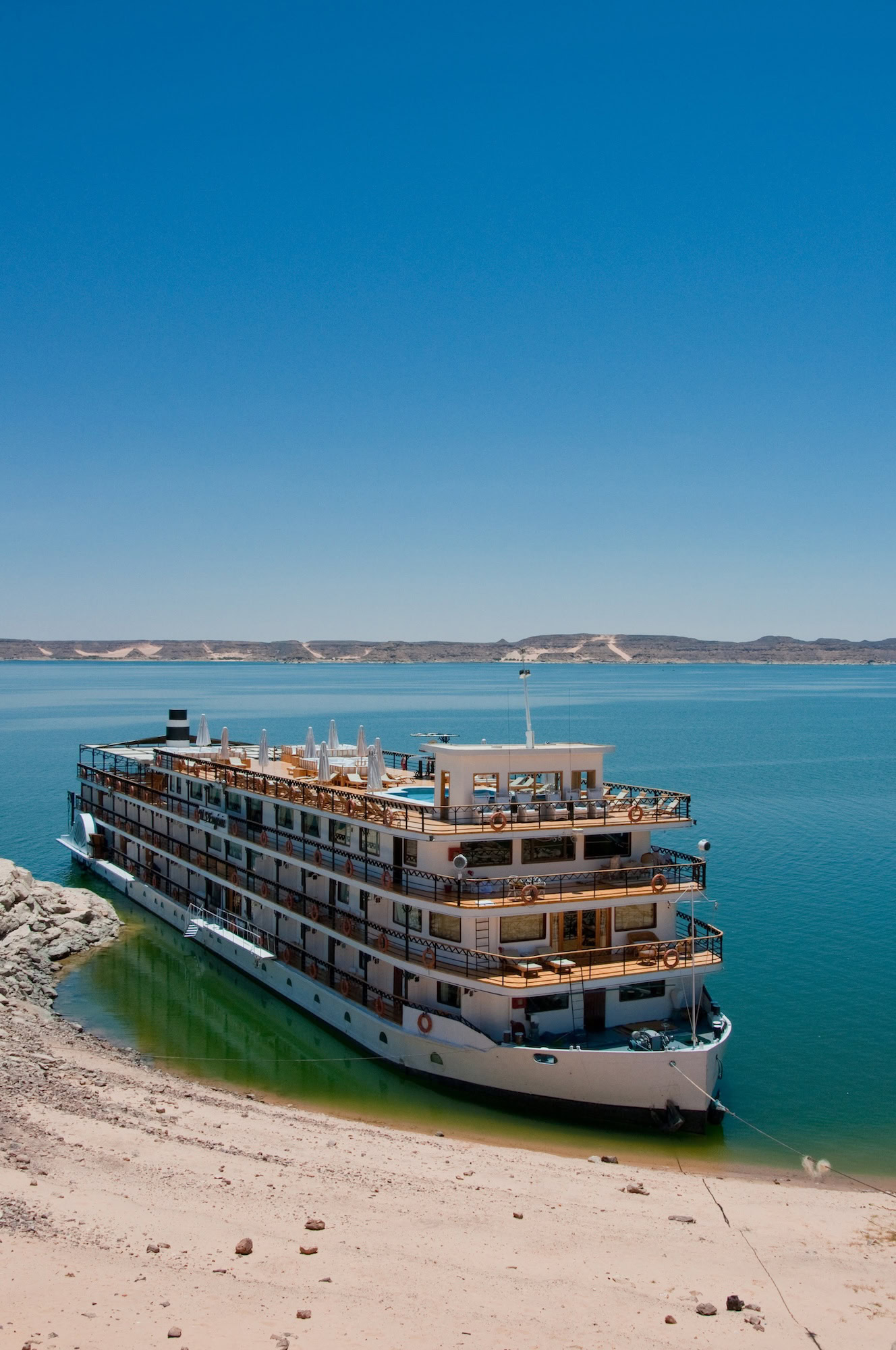 Luxury Nile River cruise ship with multiple decks for exclusive spa and hospitality experiences