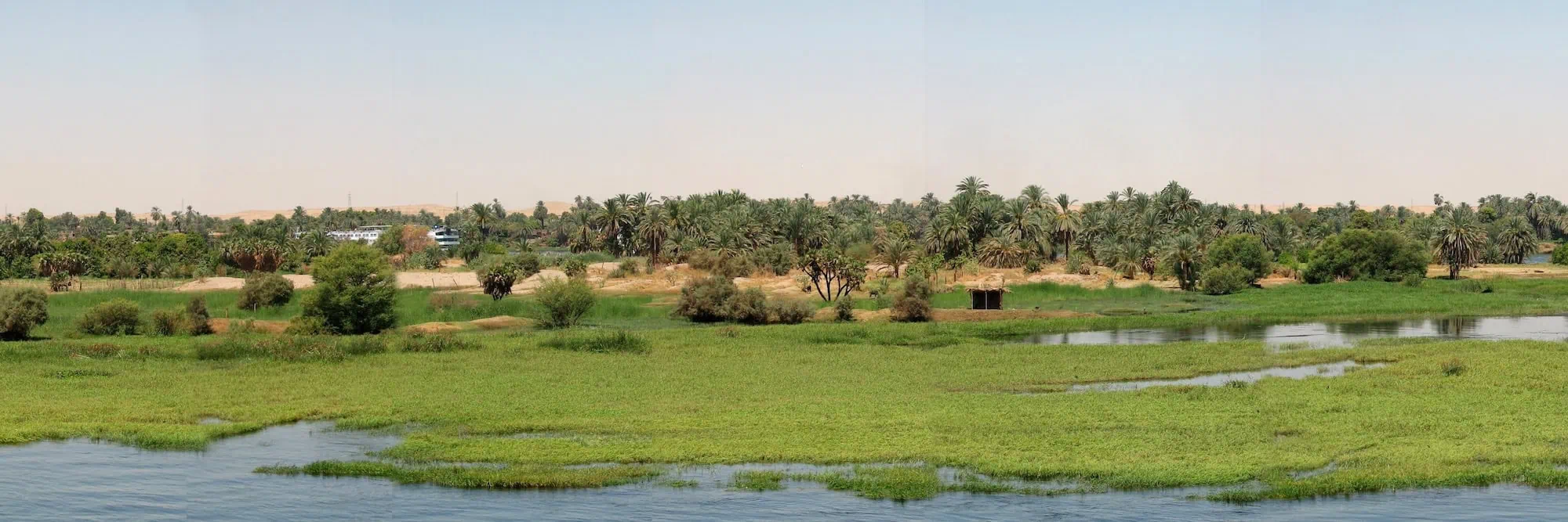 Nile River valley with agricultural fields, palm trees, and farming areas
