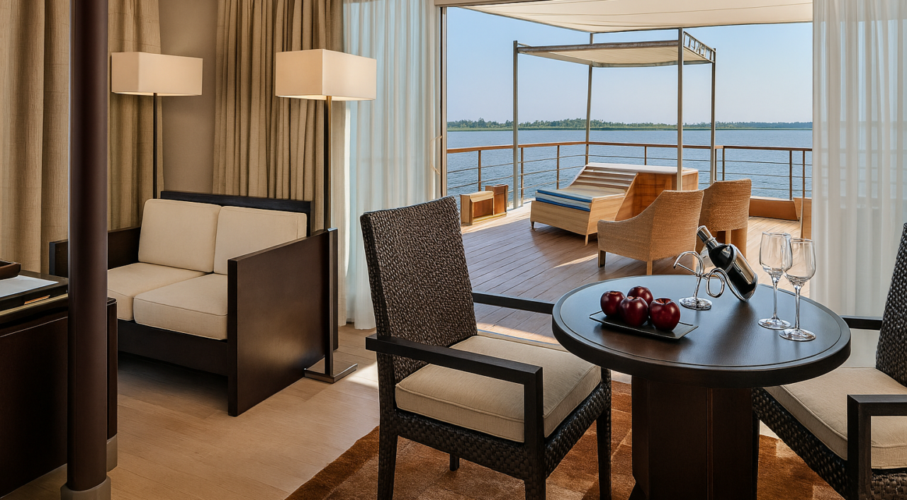 Private suite balcony overlooking the Nile on Oberoi Zahra