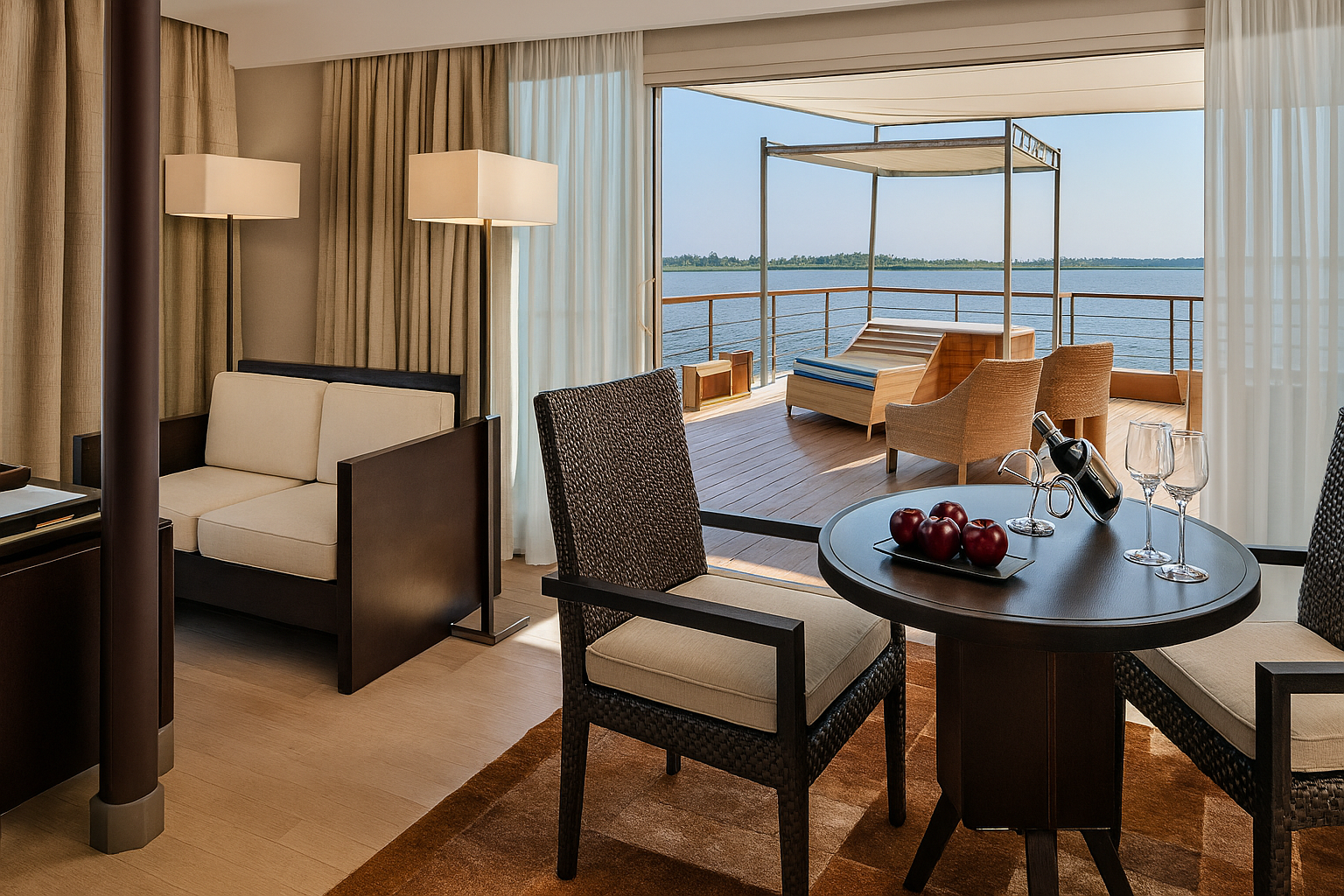 Varanda privativa da suíte com vista para o Nilo no Oberoi Zahra