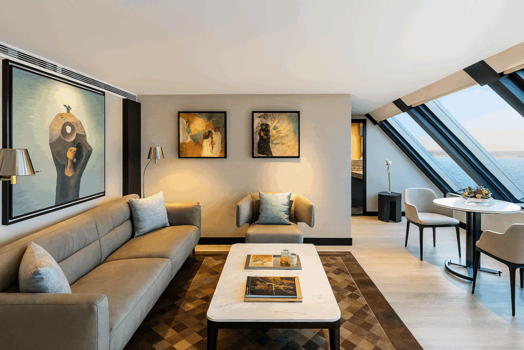 Luxury suite interior with large windows on the Oberoi Zahra Nile Cruise, Luxor