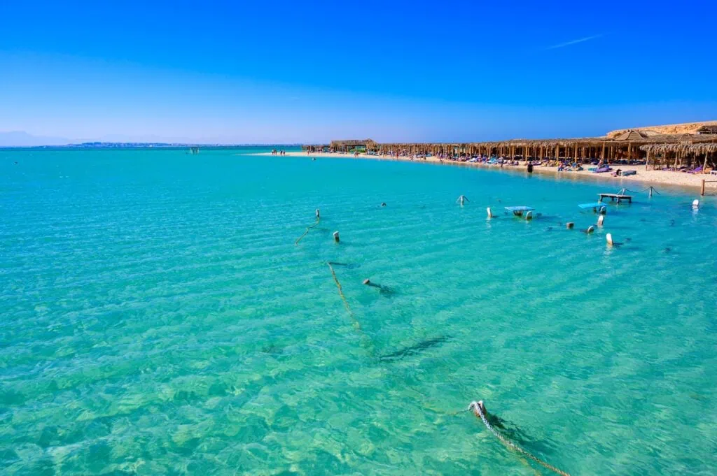 Orange Bay Beach on Giftun Island with clear turquoise water and white sandy shoreline, Hurghada