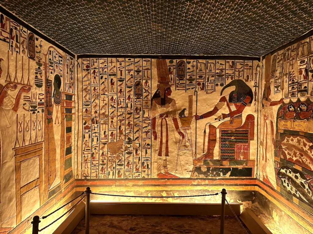 Painted burial chamber walls inside the Tomb of Nefertari at the Valley of the Queens, Luxor