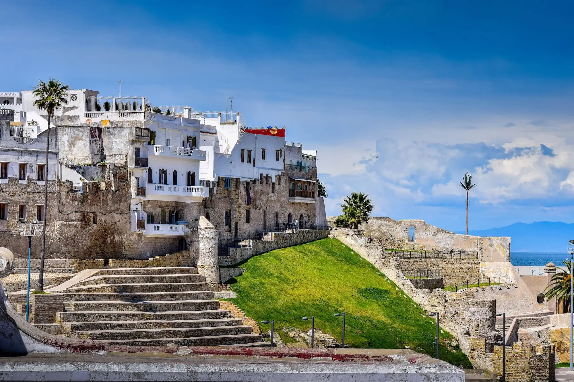 Panoramic view of Tangier's old medina with white buildings and ancient fortifications