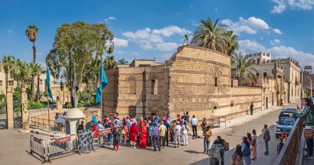 Panoramic view of the stone walls and towers overlooking the surrounding area, Babylon Fortress, Cairo