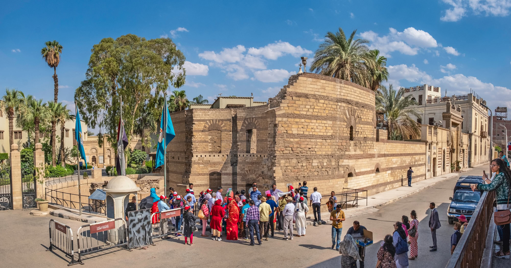Historic fortress building in Cairo with official government architecture and security barriers